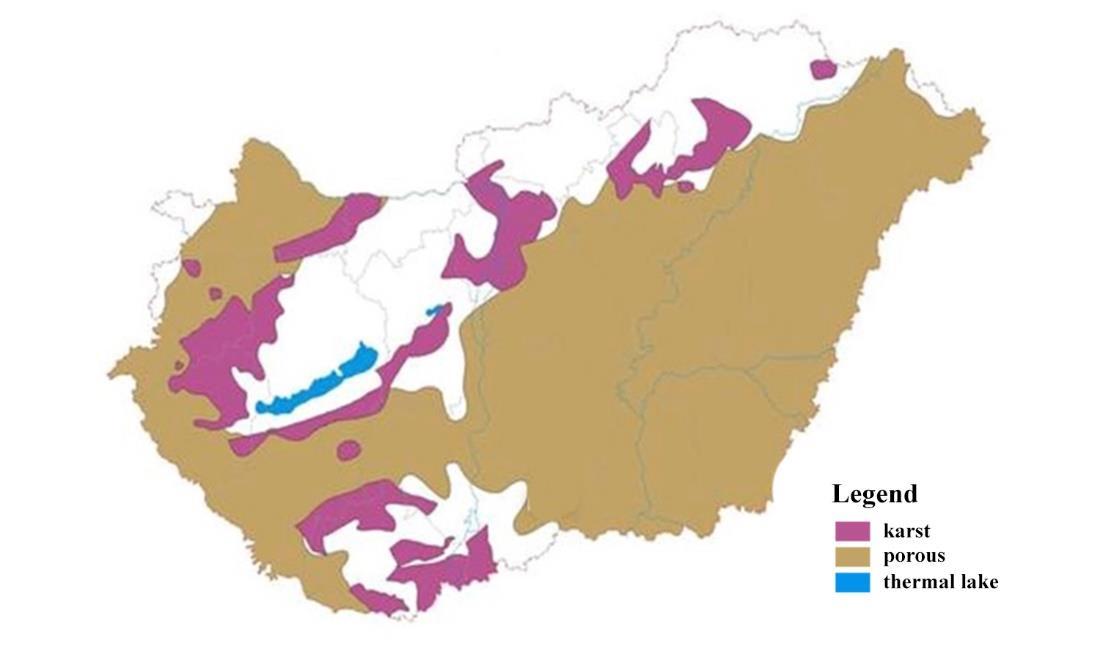 Porous (sedimentary) and karst thermal-water reservoirs in Hungary.