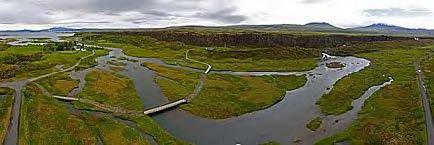 Thingvellir National Park, since 2004 an UNESCO World Heritage Site. From Thingvellir aerial panorama, Wikimedia Commons