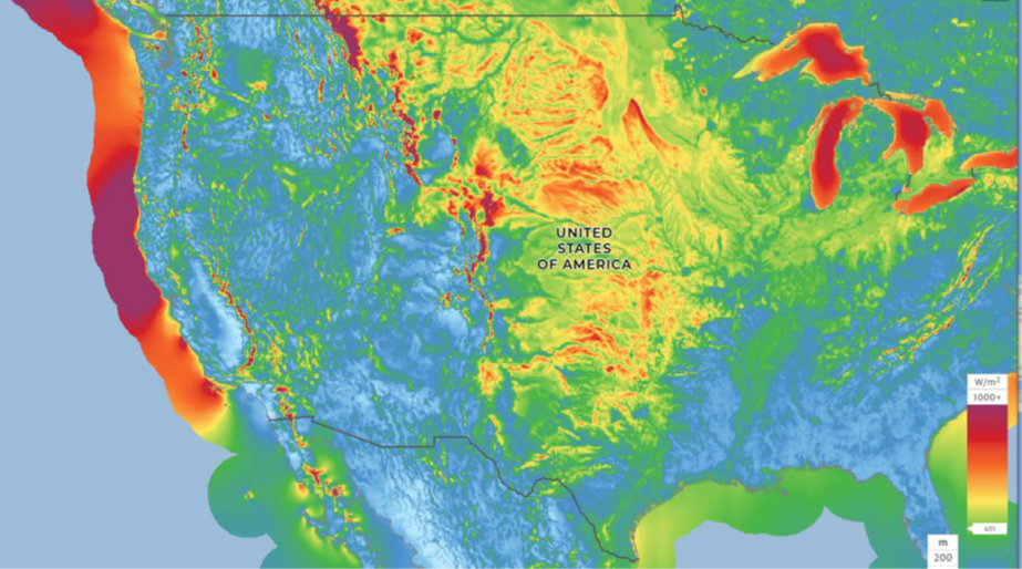 Wind power density in the central wind belt of the United States 