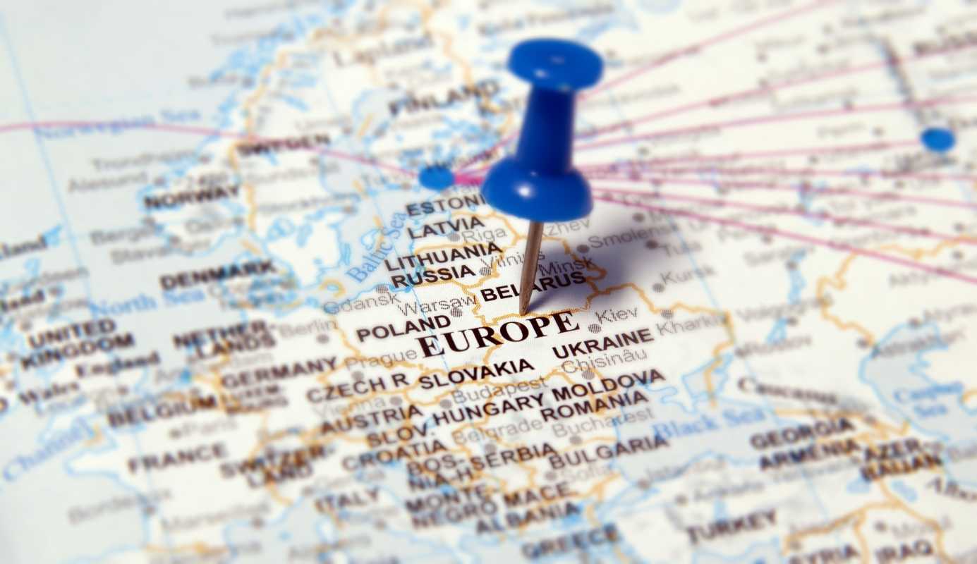 Stock photo of map of Europe with pin on it