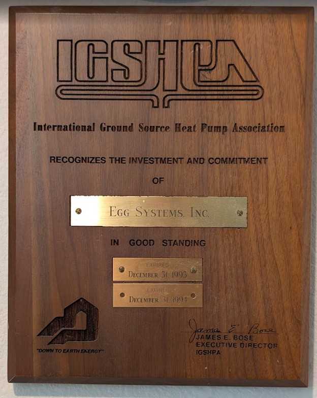 1992 certificate awarded to Theron Egg for completing the "Closed-Loop Ground Source Installation Workshop"