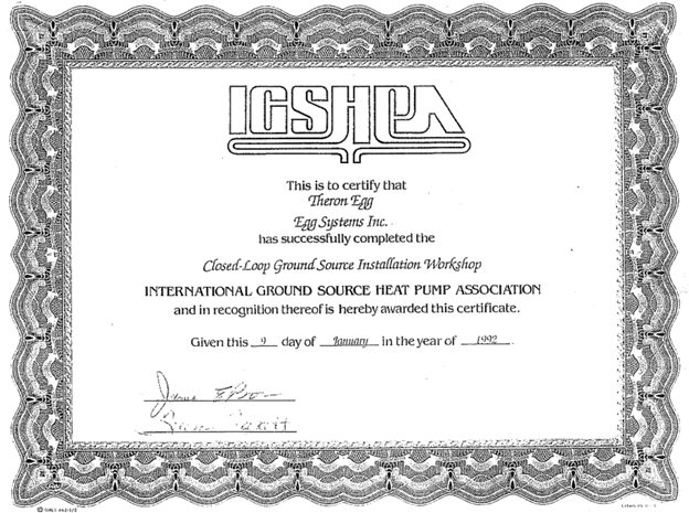 1991 certificate recognizing Theron Jay Egg as a member of the International Ground Source Heat Pump Association