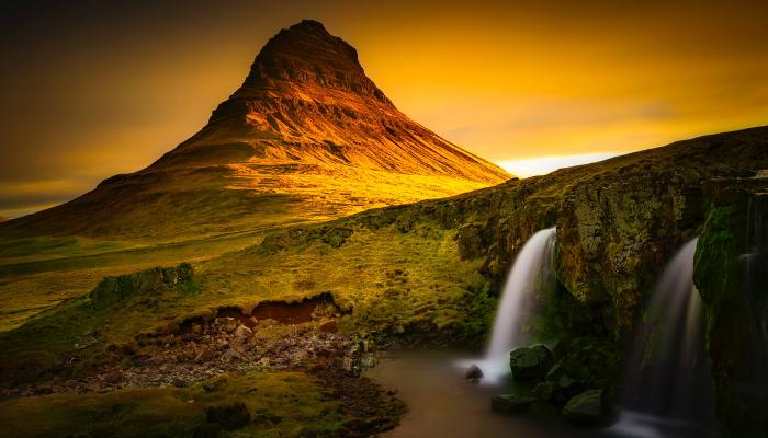 Large Mountain and Waterfall At Sunset