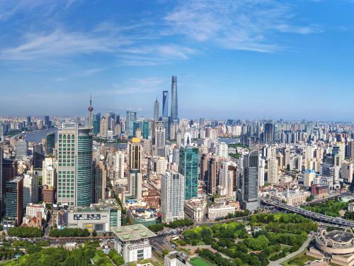 Skyline of Shanghai, China taken from the East China Sea.