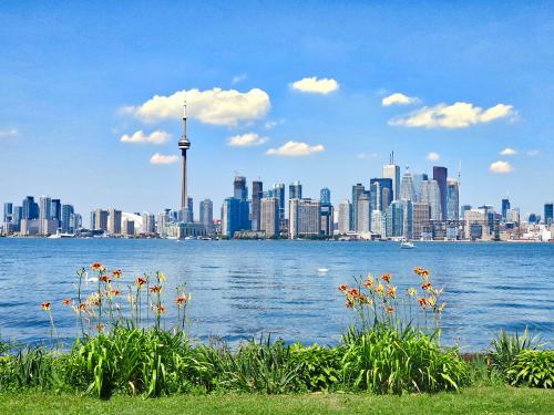 A photo of downtown Toronto with the CN Tower in the background, taken from across Lake Ontario.