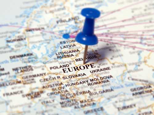 Stock photo of map of Europe with pin on it